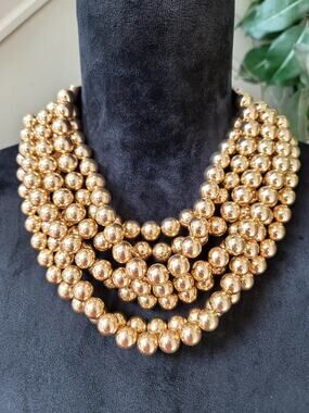 Gold Tone Multi Strand Beaded Statement Necklace Chunky Layered Collar Jewelry